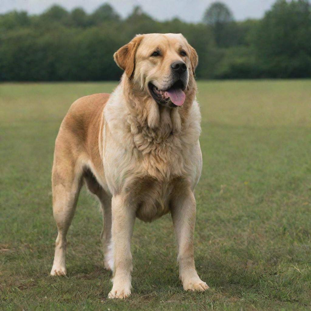 A large, majestic dog standing powerfully in a lush, open field.