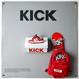 A blank grey canvas featuring a single pair of red sneakers placed on top of a white shoebox that has the word "KICK" printed in bold letters