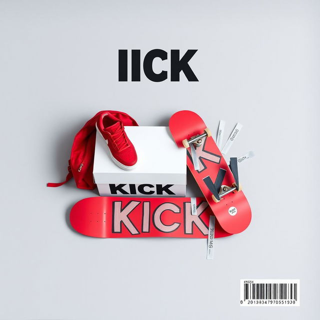 A blank grey canvas featuring a single pair of red sneakers placed on top of a white shoebox that has the word "KICK" printed in bold letters