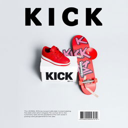 A blank grey canvas featuring a single pair of red sneakers placed on top of a white shoebox that has the word "KICK" printed in bold letters