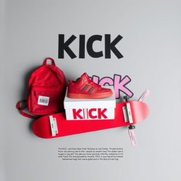 A blank grey canvas featuring a single pair of red sneakers placed on top of a white shoebox that has the word "KICK" printed in bold letters