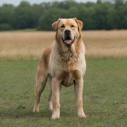 A large, majestic dog standing powerfully in a lush, open field.