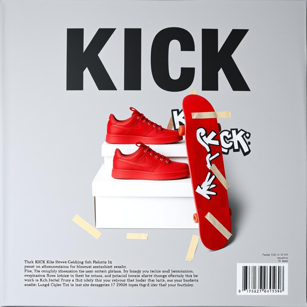 A blank grey canvas featuring a single pair of red sneakers placed on top of a white shoebox with the word "KICK" printed in bold letters on the box, all vividly printed on the canvas