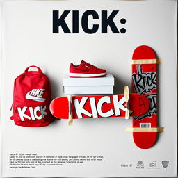 A blank grey canvas featuring a single pair of red sneakers placed on top of a white shoebox with the word "KICK" printed in bold letters on the box, all vividly printed on the canvas