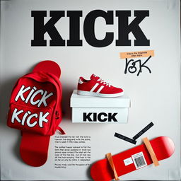 A blank grey canvas featuring a single pair of red sneakers placed on top of a white shoebox with the word "KICK" printed in bold letters on the box, all vividly printed on the canvas