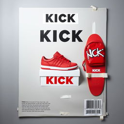 A blank grey canvas featuring a single pair of red sneakers placed on top of a white shoebox with the word "KICK" printed in bold letters on the box, all vividly printed on the canvas