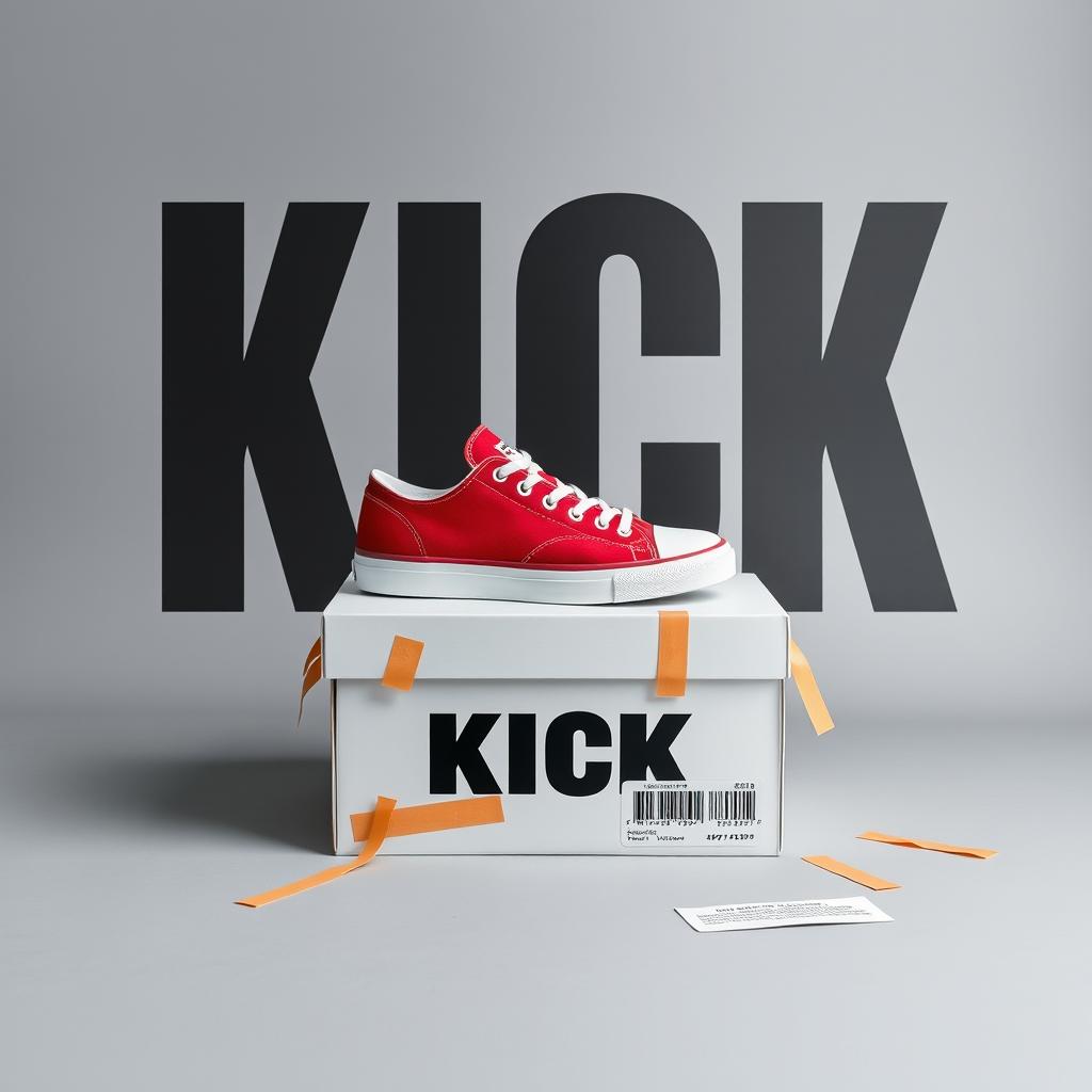 A blank grey canvas featuring a single pair of red sneakers with a white sole positioned on top of a white shoebox that has the word "KICK" printed in bold letters