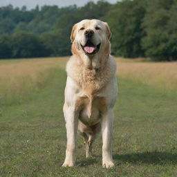 A large, majestic dog standing powerfully in a lush, open field.