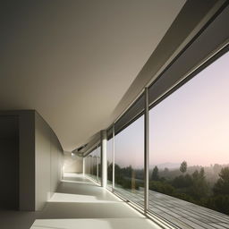 The interior of a second floor featuring an internal hallway leading to a futuristic front balcony, which opens opulently towards the vast sky.