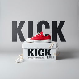 A blank grey canvas featuring a single pair of red sneakers with a white sole positioned on top of a white shoebox that has the word "KICK" printed in bold letters