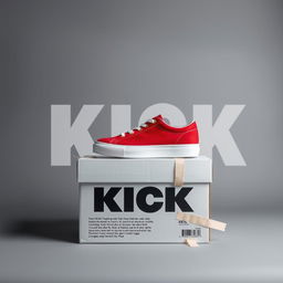 A blank grey canvas featuring a single pair of red sneakers with a white sole positioned on top of a white shoebox that has the word "KICK" printed in bold letters