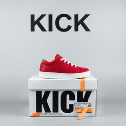 A blank grey canvas featuring a single pair of red sneakers with a white sole positioned on top of a white shoebox that has the word "KICK" printed in bold letters