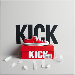 A blank grey canvas featuring a single pair of red sneakers with a white sole placed on top of a red shoebox that has the word "KICK" printed in bold white letters