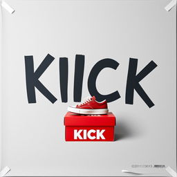 A blank grey canvas featuring a single pair of red sneakers with a white sole placed on top of a red shoebox that has the word "KICK" printed in bold white letters