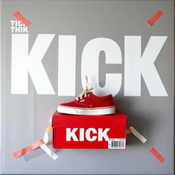 A blank grey canvas featuring a single pair of red sneakers with a white sole placed on top of a red shoebox that has the word "KICK" printed in bold white letters