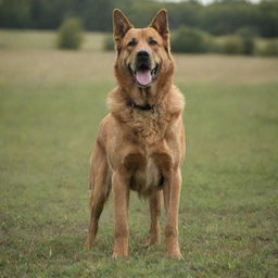 A large, majestic dog standing powerfully in a lush, open field.