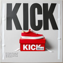 A blank grey canvas featuring a single pair of red sneakers with a white sole placed on top of a red shoebox that has the word "KICK" printed in bold white letters