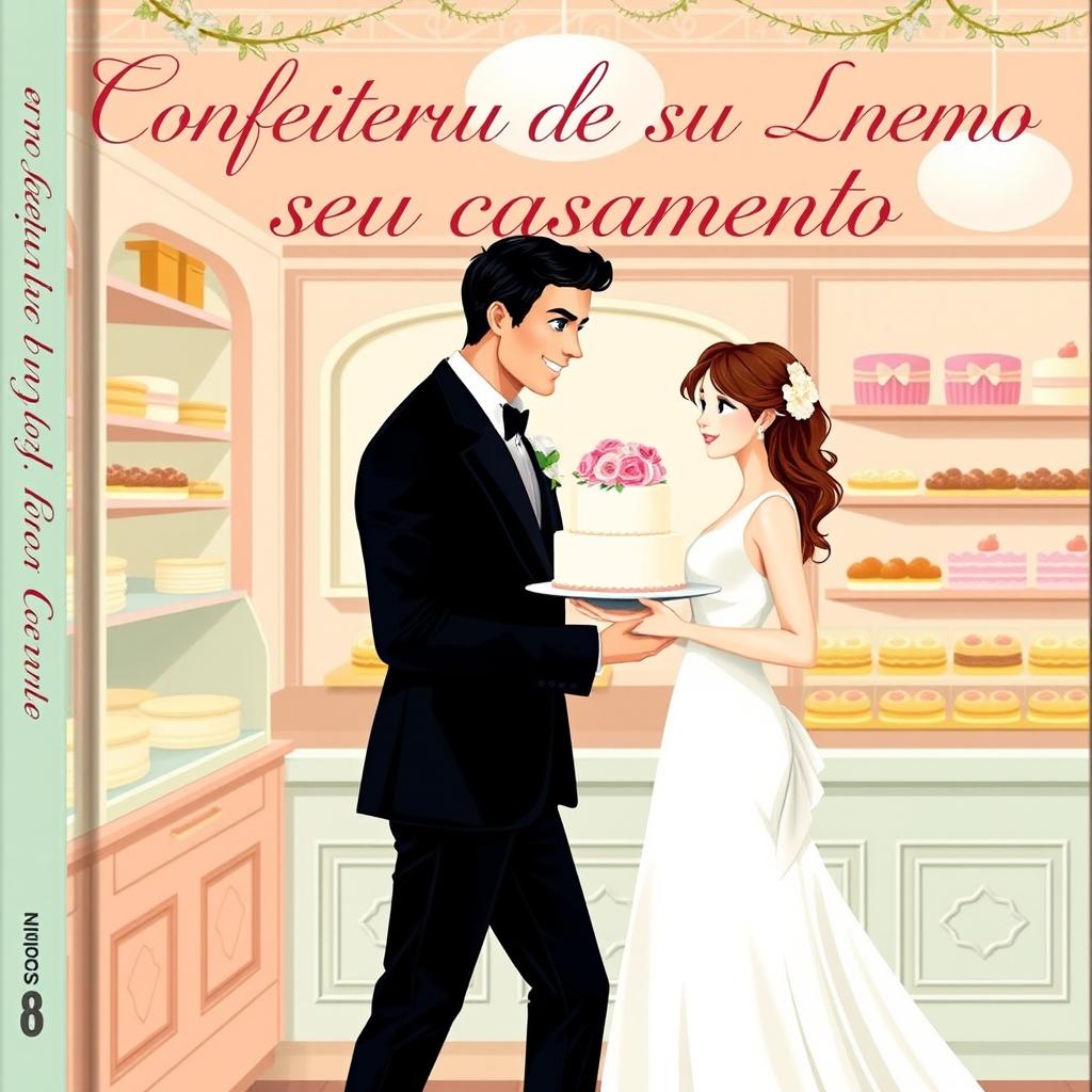 A romantic book cover featuring a slim white girl with brown hair and brown eyes delivering a wedding cake to a tall white man with black hair and blue eyes inside a charming bakery