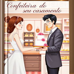 A romantic book cover featuring a slim white girl with brown hair and brown eyes delivering a wedding cake to a tall white man with black hair and blue eyes inside a charming bakery