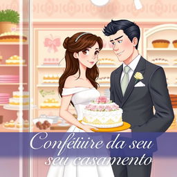 A romantic book cover featuring a slim white girl with brown hair and brown eyes delivering a wedding cake to a tall white man with black hair and blue eyes inside a charming bakery