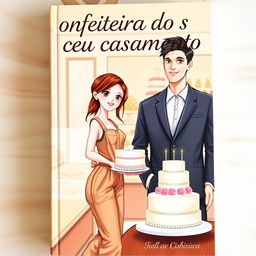 A realistic romantic book cover featuring a slim white girl with brown hair and brown eyes wearing a casual jumpsuit, delivering a wedding cake to a tall white man with black hair and blue eyes dressed in a suit inside a confectionery