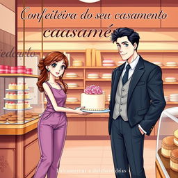 A realistic romantic book cover featuring a slim white girl with brown hair and brown eyes wearing a casual jumpsuit, delivering a wedding cake to a tall white man with black hair and blue eyes dressed in a suit inside a confectionery