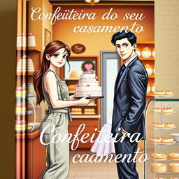 A realistic romantic book cover featuring a slim white girl with brown hair and brown eyes wearing a casual jumpsuit, delivering a wedding cake to a tall white man with black hair and blue eyes dressed in a suit inside a confectionery