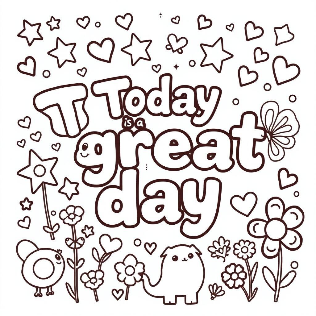 A kid-friendly coloring page featuring the phrase 'Today is a great day' prominently displayed in large, fun letters at the center