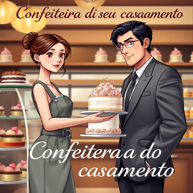 A realistic romantic book cover featuring a slim white girl with brown hair and brown eyes wearing a casual jumpsuit, delivering a wedding cake to a tall white man with black hair and blue eyes dressed in a suit inside a confectionery