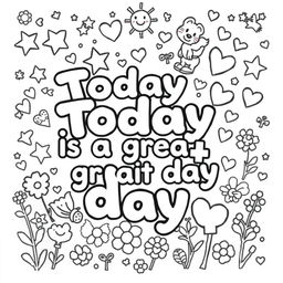 A kid-friendly coloring page featuring the phrase 'Today is a great day' prominently displayed in large, fun letters at the center