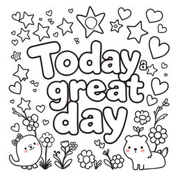 A kid-friendly coloring page featuring the phrase 'Today is a great day' prominently displayed in large, fun letters at the center