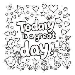 A kid-friendly coloring page featuring the phrase 'Today is a great day' prominently displayed in large, fun letters at the center