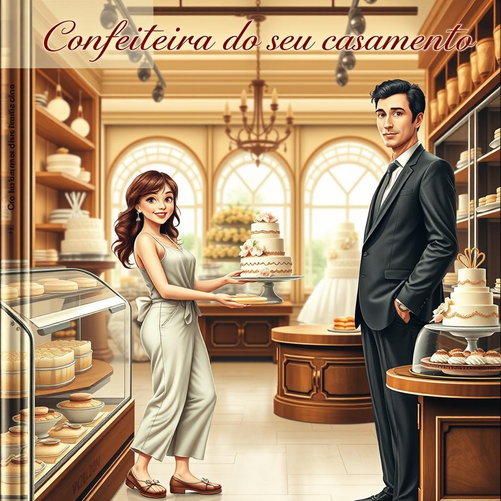 A realistic romantic book cover featuring a slim white girl with brown hair and brown eyes wearing a casual jumpsuit, delivering a wedding cake to a tall white man with black hair and blue eyes dressed in a suit inside a stylish confectionery