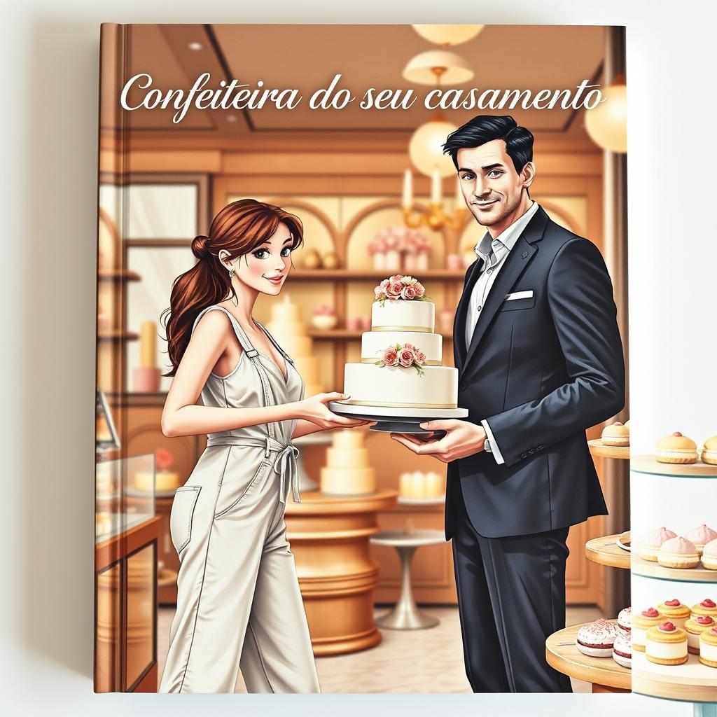 A realistic romantic book cover featuring a slim white girl with brown hair and brown eyes wearing a casual jumpsuit, delivering a wedding cake to a tall white man with black hair and blue eyes dressed in a suit inside a stylish confectionery