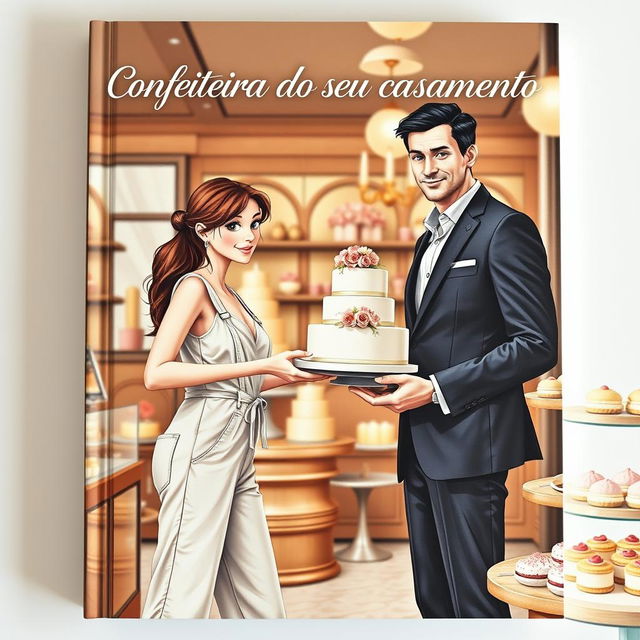 A realistic romantic book cover featuring a slim white girl with brown hair and brown eyes wearing a casual jumpsuit, delivering a wedding cake to a tall white man with black hair and blue eyes dressed in a suit inside a stylish confectionery