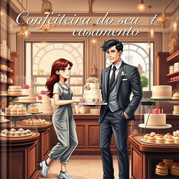 A realistic romantic book cover featuring a slim white girl with brown hair and brown eyes wearing a casual jumpsuit, delivering a wedding cake to a tall white man with black hair and blue eyes dressed in a suit inside a stylish confectionery