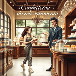 A realistic romantic book cover featuring a slim white girl with brown hair and brown eyes wearing a casual jumpsuit, delivering a wedding cake to a tall white man with black hair and blue eyes dressed in a suit inside a stylish confectionery