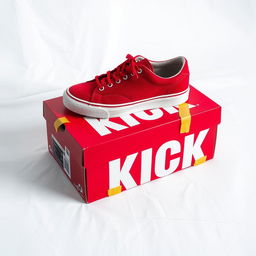 A vibrant composition featuring a single pair of red sneakers with a white sole positioned on top of a red shoebox that has the word "KICK" printed in bold white letters