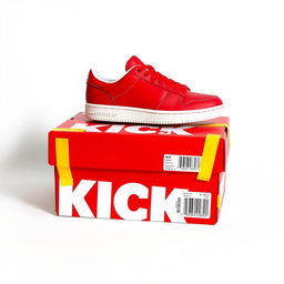 A vibrant composition featuring a single pair of red sneakers with a white sole positioned on top of a red shoebox that has the word "KICK" printed in bold white letters