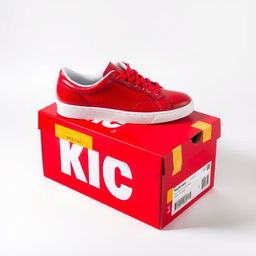 A vibrant composition featuring a single pair of red sneakers with a white sole positioned on top of a red shoebox that has the word "KICK" printed in bold white letters