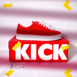 A vibrant composition featuring a single pair of red sneakers with a white sole positioned on top of a red shoebox that has the word "KICK" printed in bold white letters