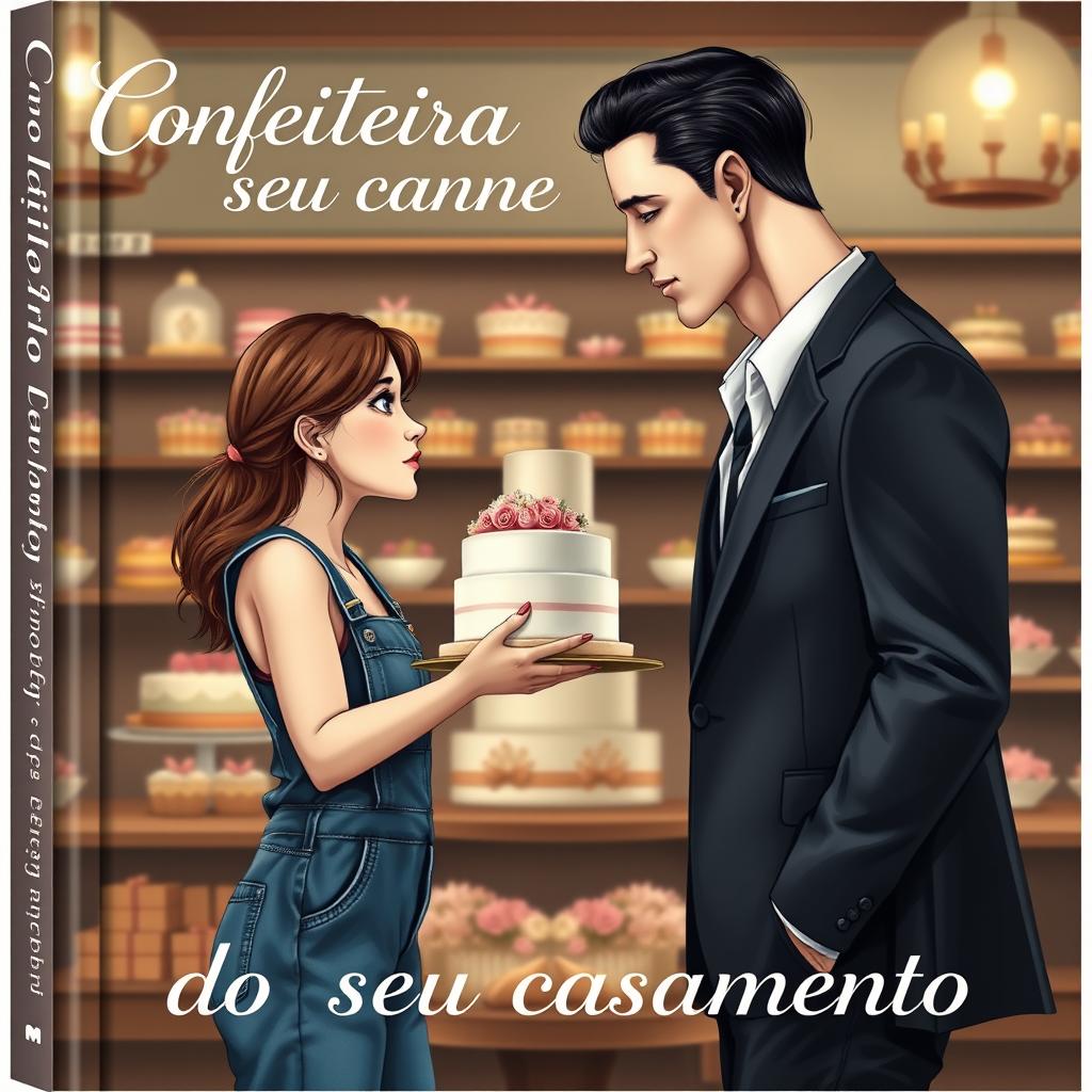 A semi-realistic romantic book cover featuring a slim white girl with brown hair and brown eyes wearing a casual denim jumpsuit, delivering a wedding cake to a tall white man with black hair and blue eyes dressed in a suit