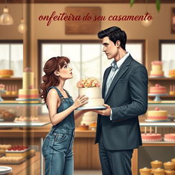 A semi-realistic romantic book cover featuring a slim white girl with brown hair and brown eyes wearing a casual denim jumpsuit, delivering a wedding cake to a tall white man with black hair and blue eyes dressed in a suit