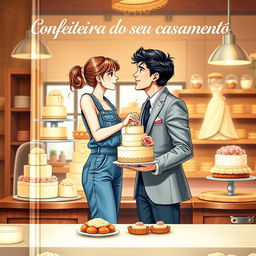 A semi-realistic romantic book cover featuring a slim white girl with brown hair and brown eyes wearing a casual denim jumpsuit, delivering a wedding cake to a tall white man with black hair and blue eyes dressed in a suit