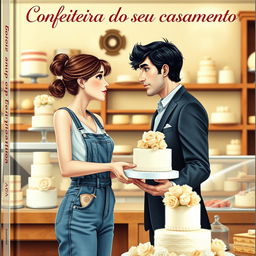 A semi-realistic romantic book cover featuring a slim white girl with brown hair and brown eyes wearing a casual denim jumpsuit, delivering a wedding cake to a tall white man with black hair and blue eyes dressed in a suit