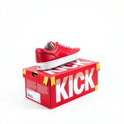 A mesmerizing side angle view of a single red sneaker with a white sole, elegantly placed on top of a vibrant red shoebox