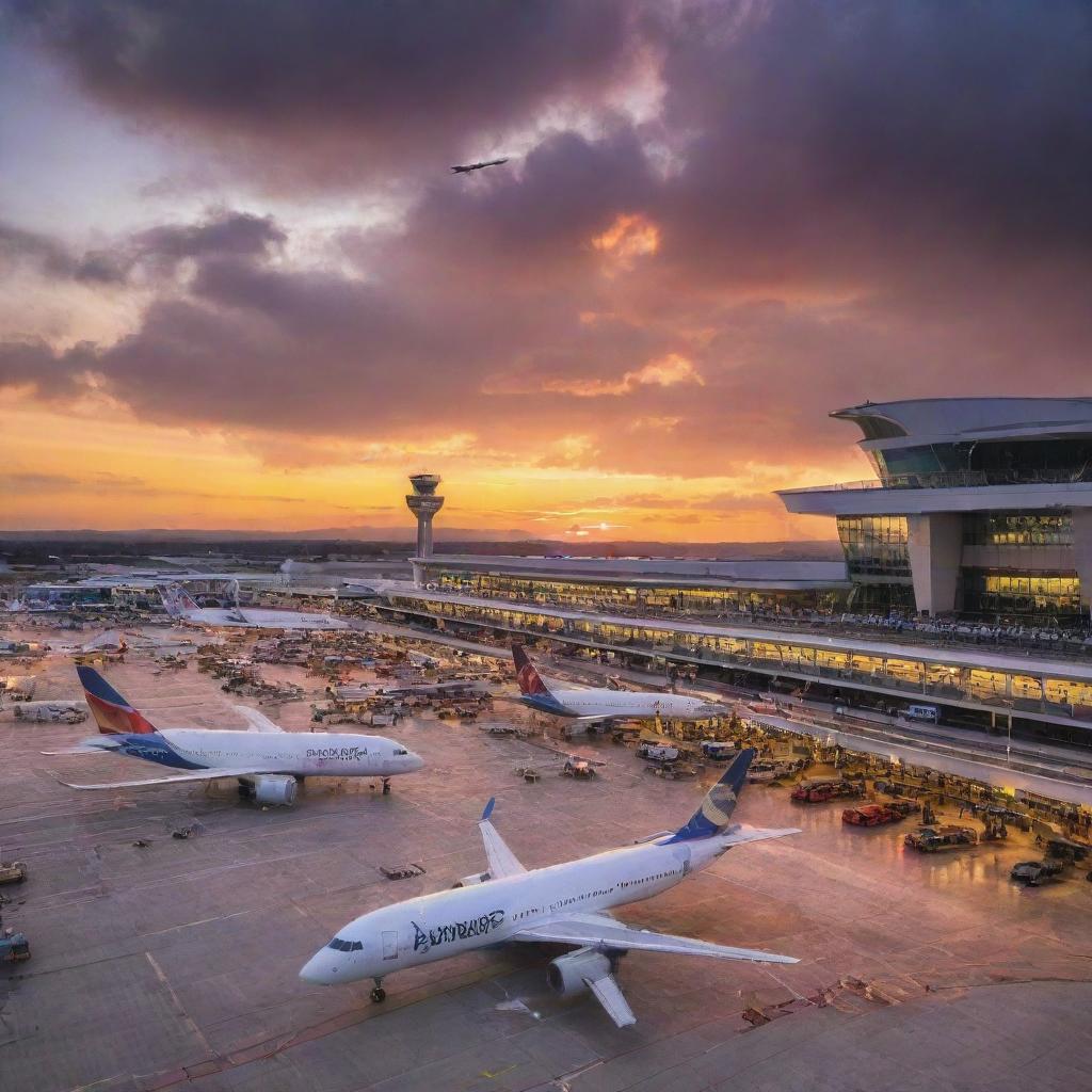 A bustling, modern airport with architecturally striking terminals, vibrant lights, and planes taking off against a dramatic sunset sky that highlights the artistry of aviation.