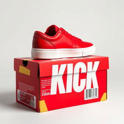 A mesmerizing side angle view of a single red sneaker with a white sole, elegantly placed on top of a vibrant red shoebox