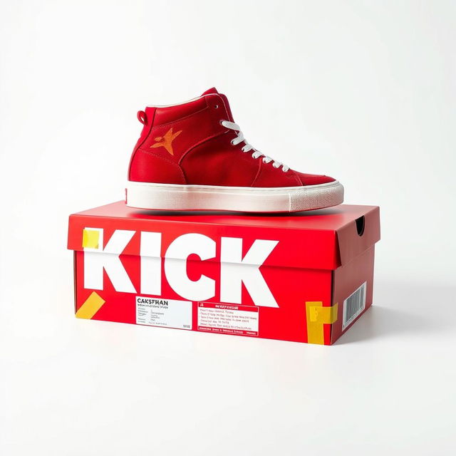 A mesmerizing side angle view of a single red sneaker with a white sole, elegantly placed on top of a vibrant red shoebox