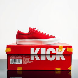 A mesmerizing side angle view of a single red sneaker with a white sole, elegantly placed on top of a vibrant red shoebox